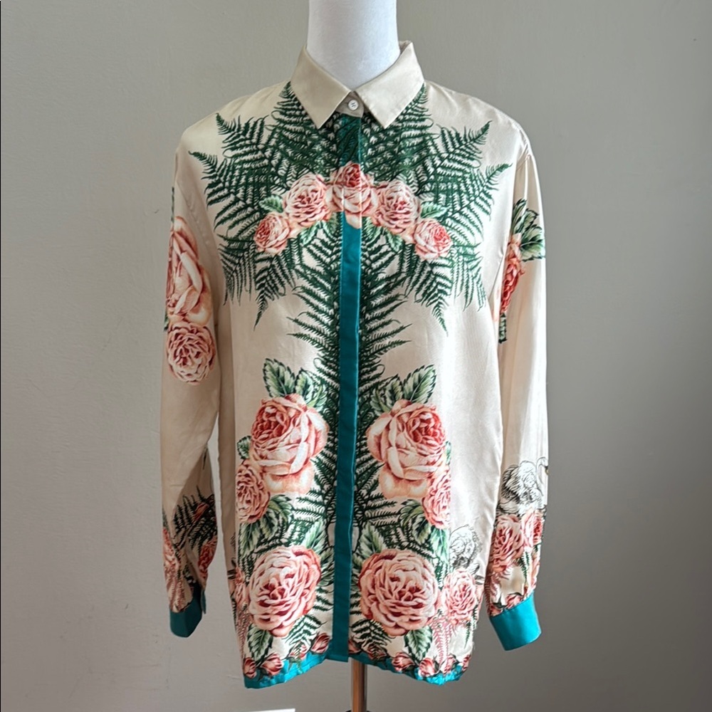 Paul & Joe Silk Vintage Floral Goose Print Button-Up Shirt Green Accents‎ Size 3